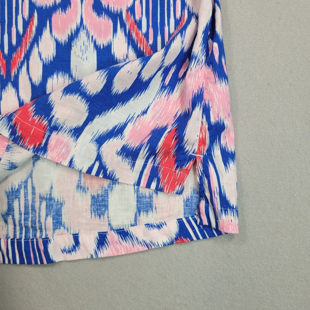 Crown & Ivy Blue Pink Ikat Sleeveless Ruffle Neck Linen Blend Top Petite Small - Picture 5 of 7